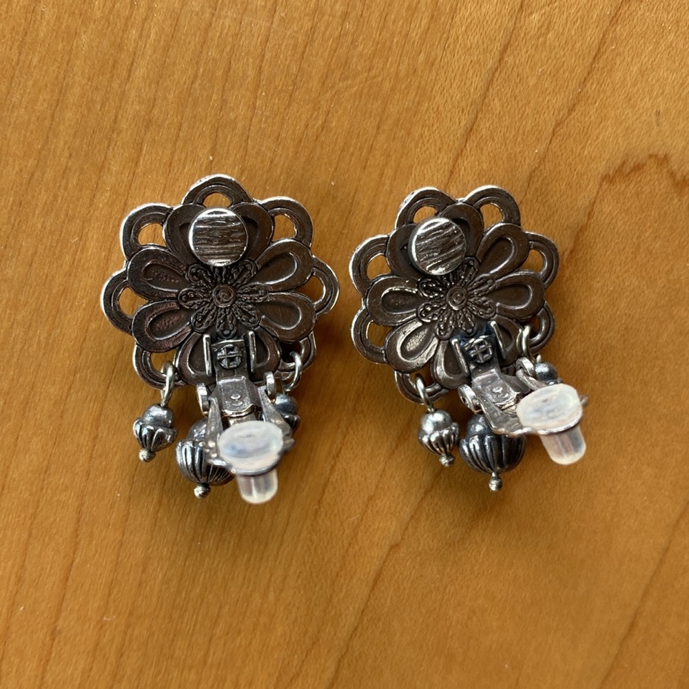 Brighton Black Enamel and Silver Floral Clip Earrings - Picture 3 of 3
